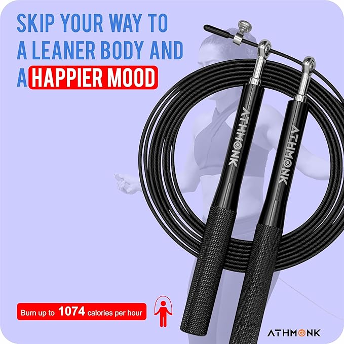 Athmonk Steel Wire High Speed Skipping Rope For Men & Women - Jumping Rope For Exercise - Metal Handle - Tangle Free 10ft Long Adjustable